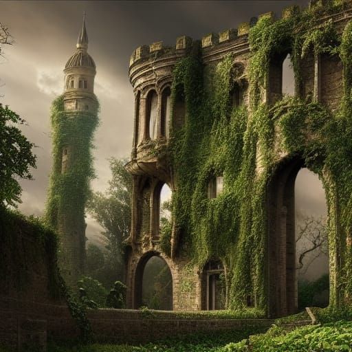 Crumbling Castle Ruins Covered in Vines