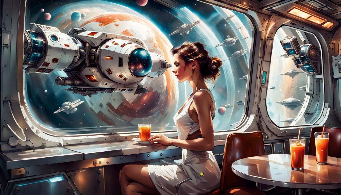 Woman at Space Cafe with Robot Waiter, Splash Art