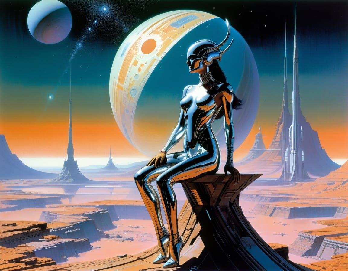 Chrome Goddess Overlooking Nebula in Cosmic Surrealism