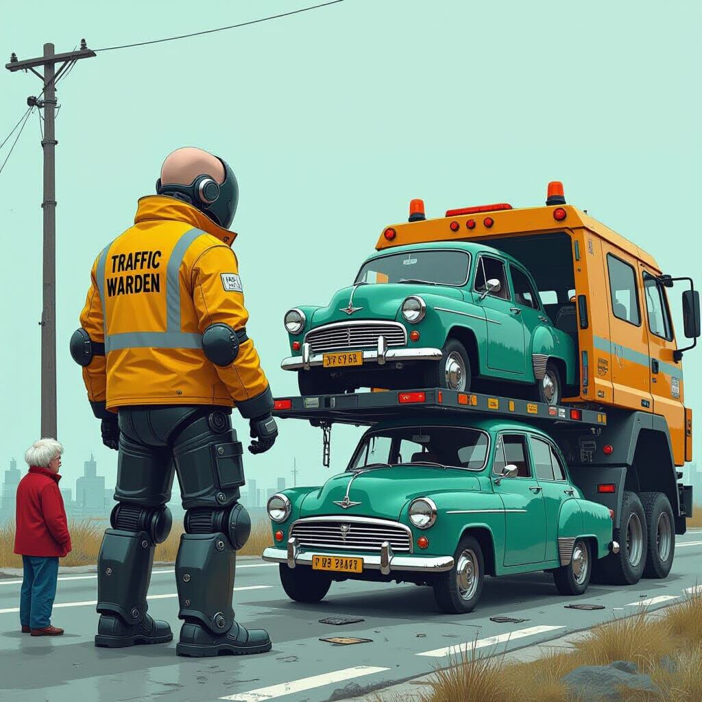Dystopian Robot Traffic Warden Towing Classic Car