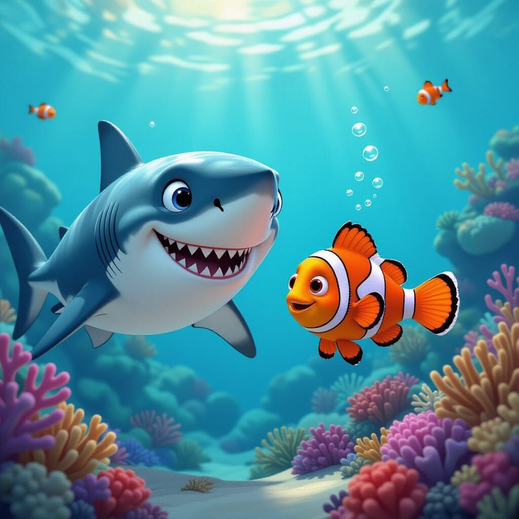 Shark and Clownfish Swim Together in Harmony