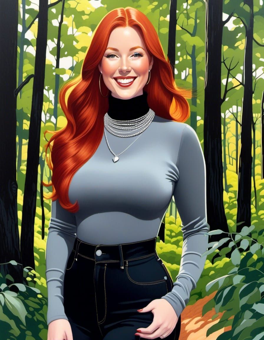 Redhead in Spring Forest, Colored Charcoal Drawing