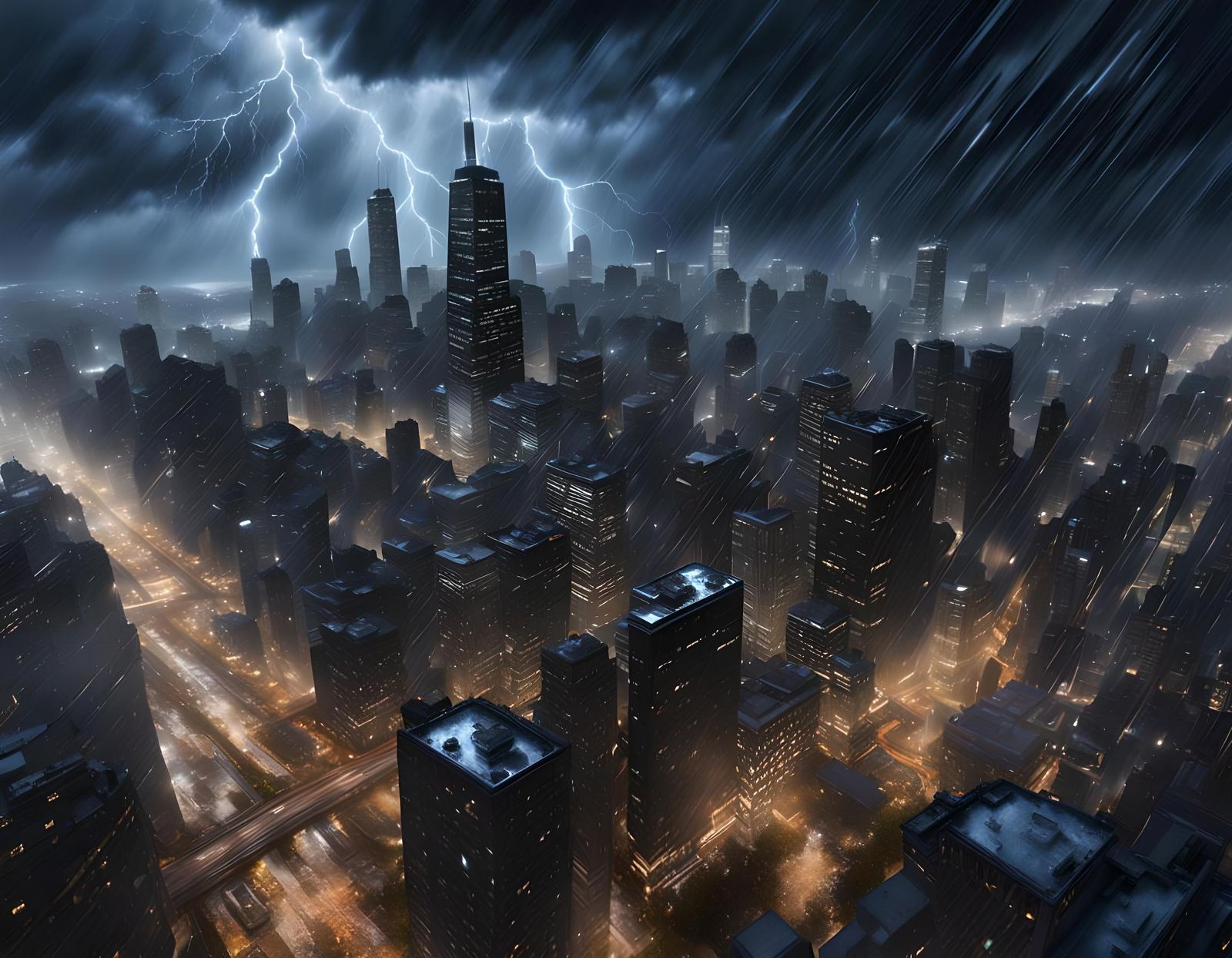 Chicago Nightscape in Rainstorm: Detailed Matte Painting