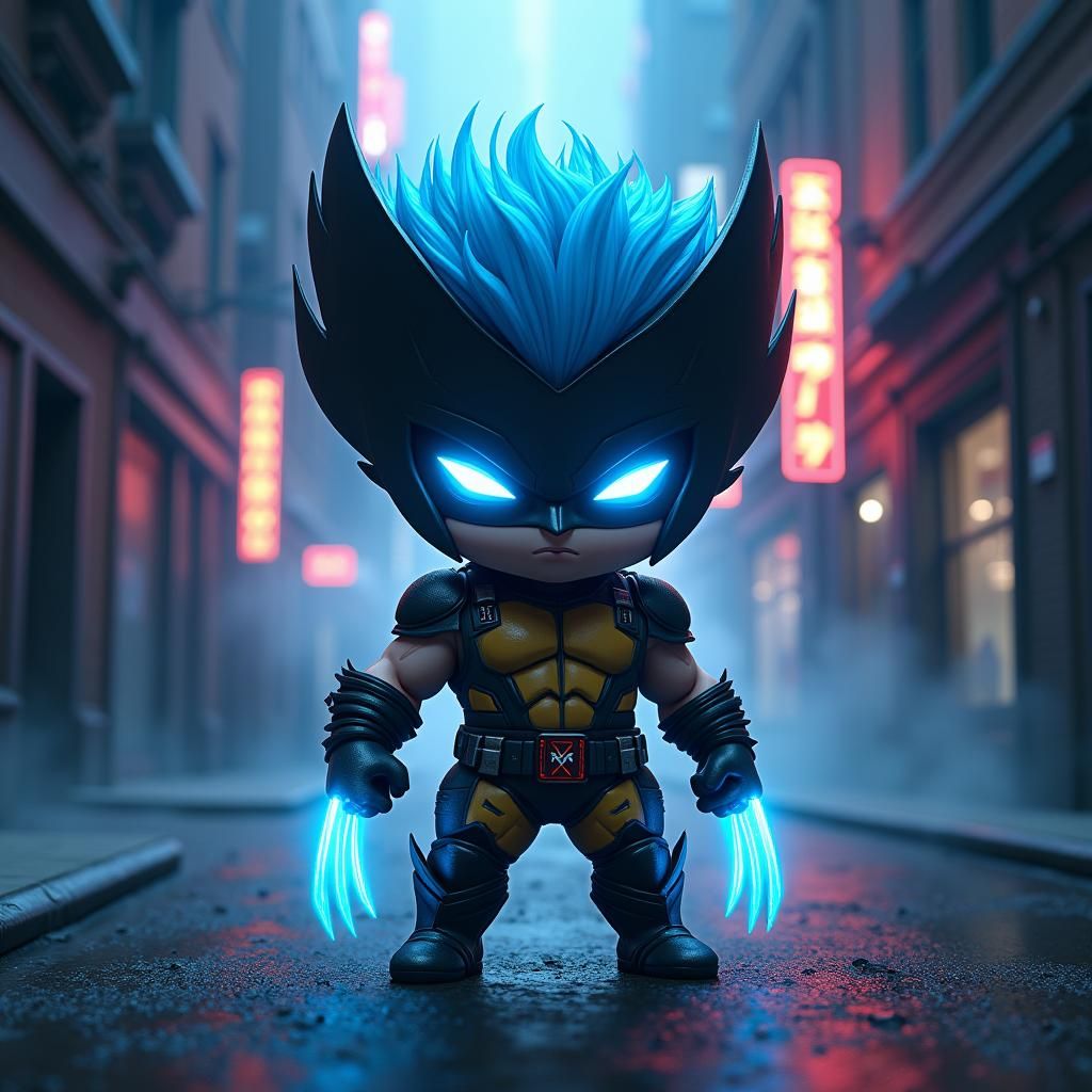 Chibi Wolverine in Cyberpunk Alleyway