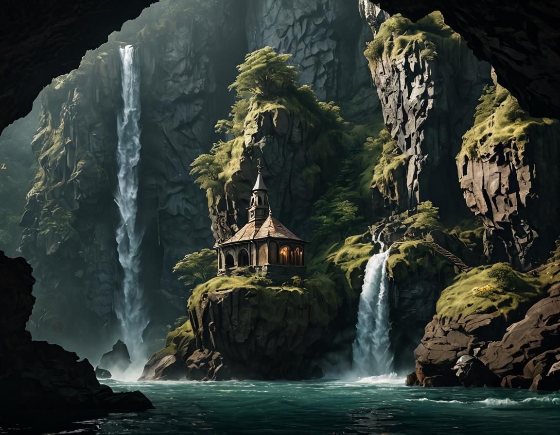 Fantasy Chapel Beneath Waterfall in Dark Cave