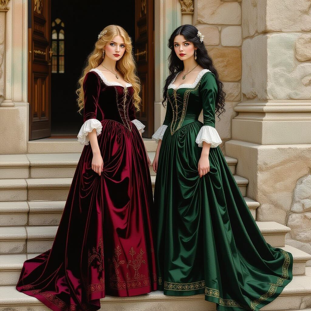 Two Women in Gowns, Pre-Raphaelite Style