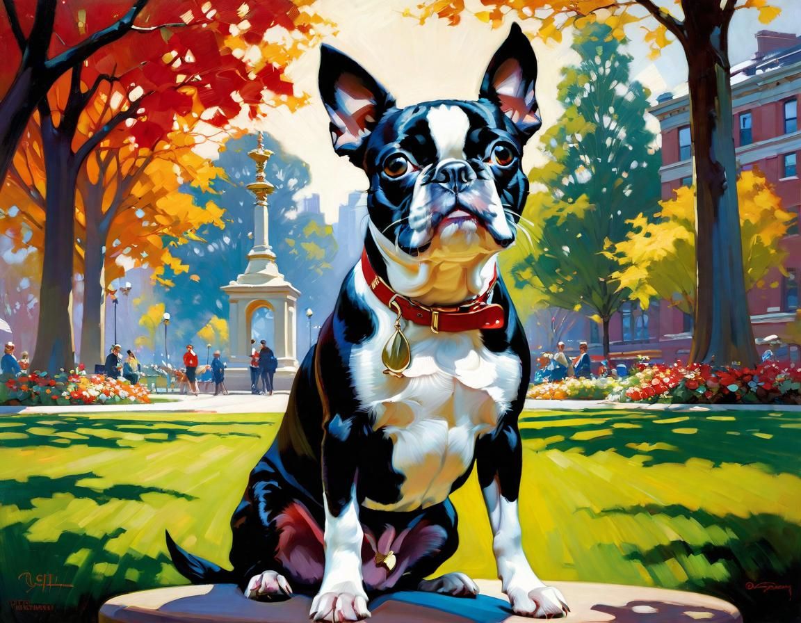 Boston Terrier Gazing Upward in Park Oil Painting