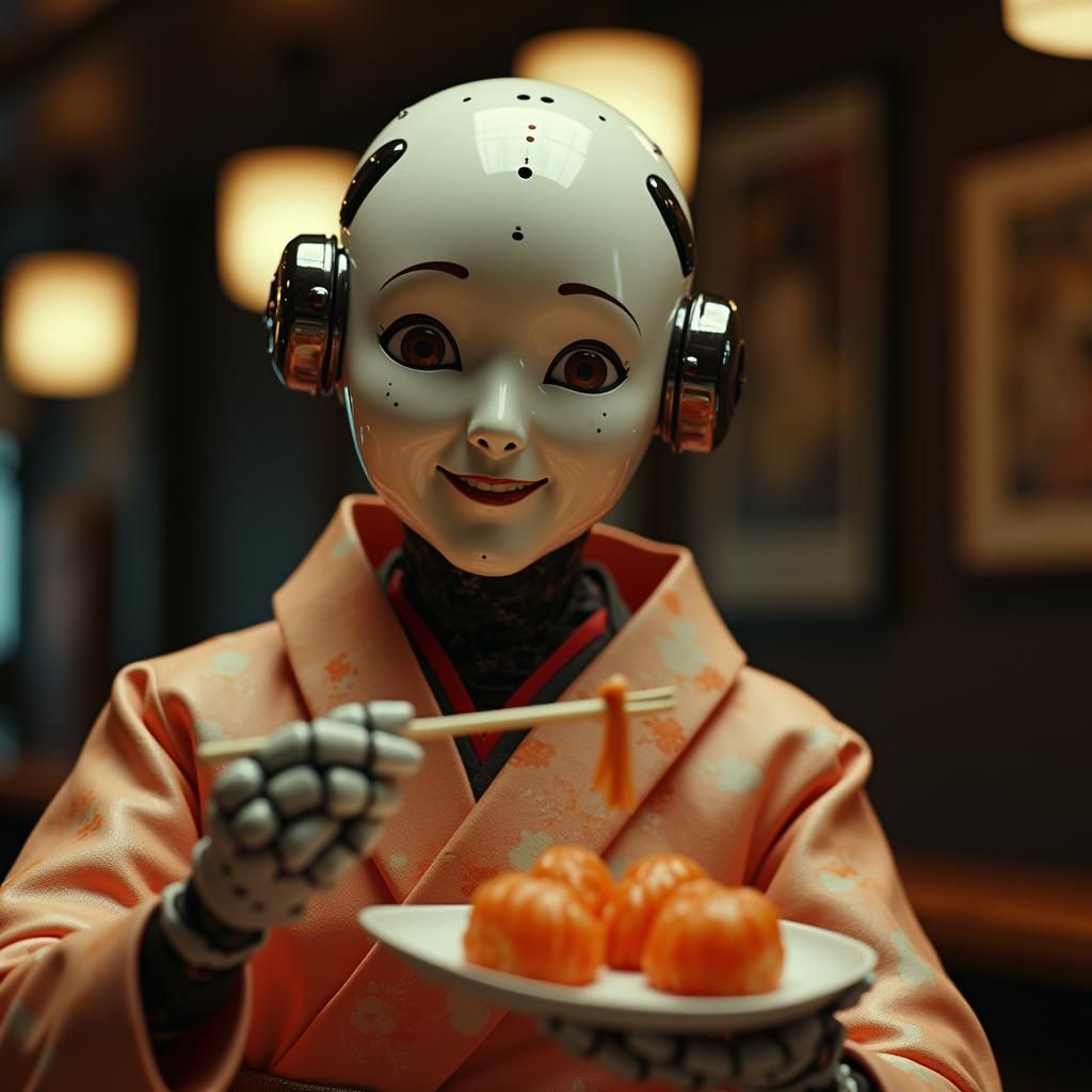 Robotic Geisha Enjoying Sushi: Detailed Cinematic Portrait