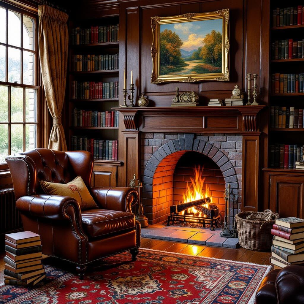 Cozy Library Corner in Oil Painting Style