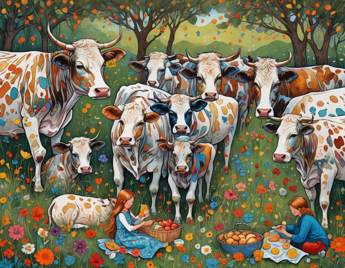 Picnic Among Cows: A Vibrant Art Brut Illustration