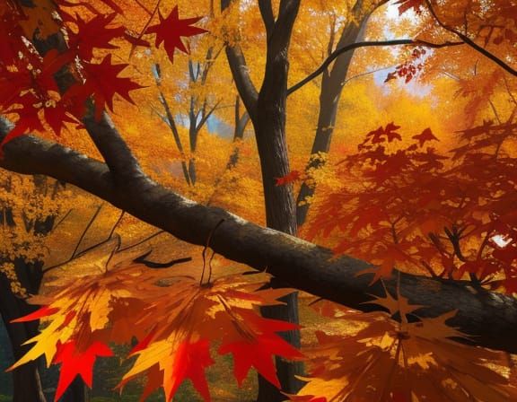 Vibrant Autumn Leaves Oil Painting in Crimson and Gold