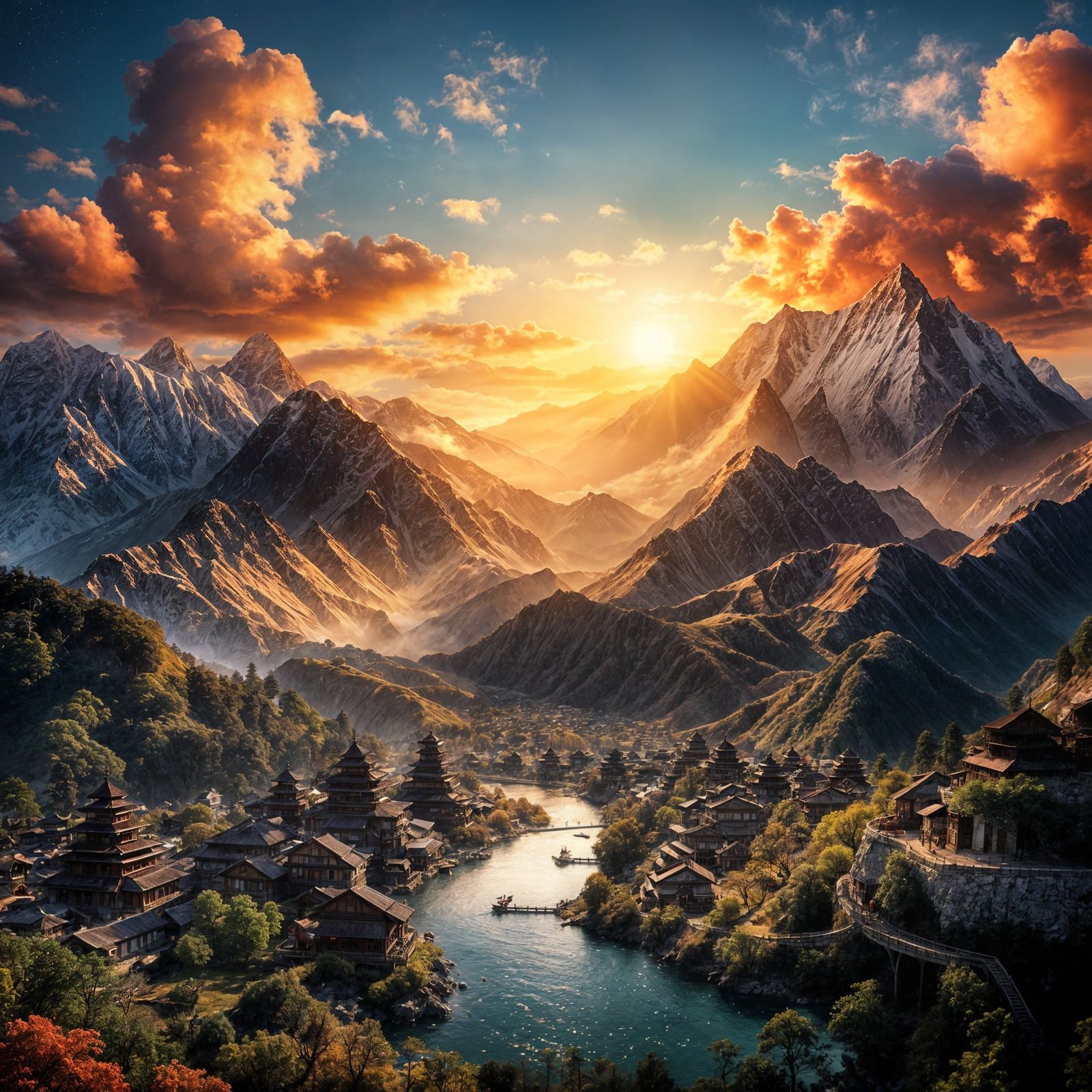 Hyperrealistic Sunset Over Mount Kangchenjunga Village