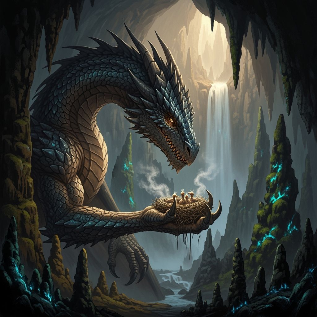 Obsidian Dragon Cradles Baby Birds in Mountain Cave