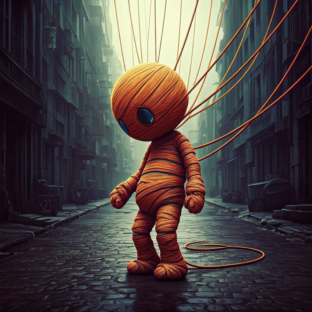 Whimsical String Puppet in Apocalyptic Street, Digital Art