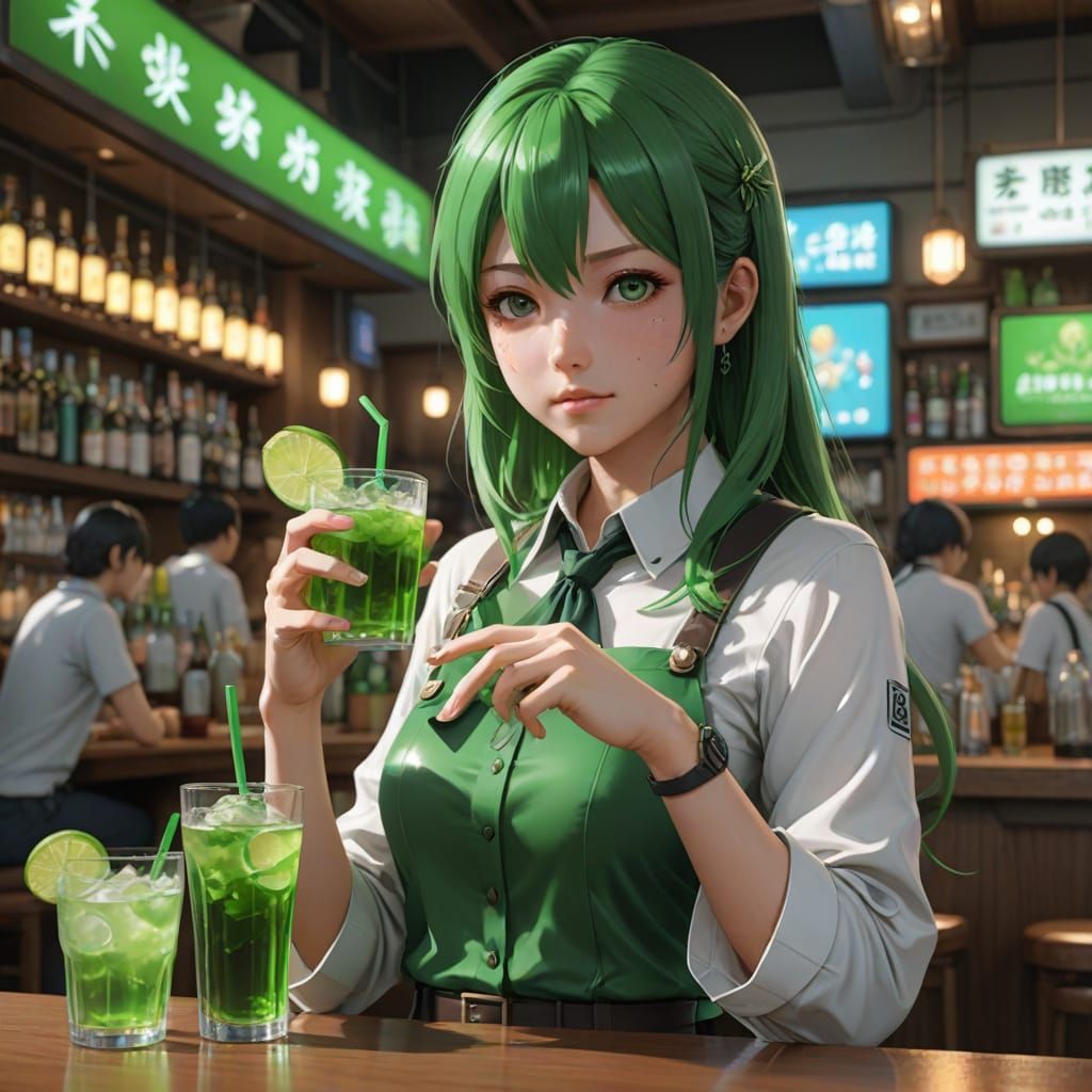Anime Girl Enjoys Refreshing Green Drink