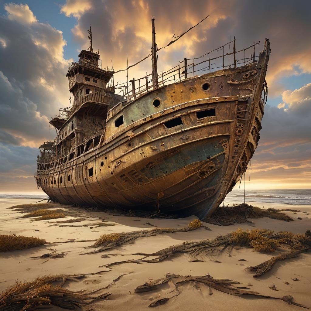 Ancient Ship Half-Buried in Sandy Dunes