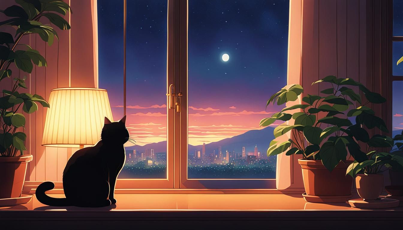 Cozy Cat in Room with Lamp in Anime Style