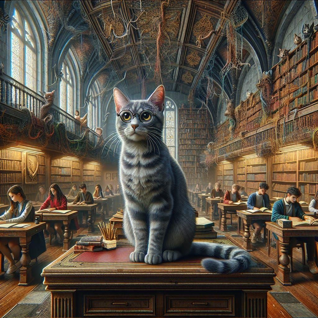 Cat with Glasses in Magical Office, Matte Painting