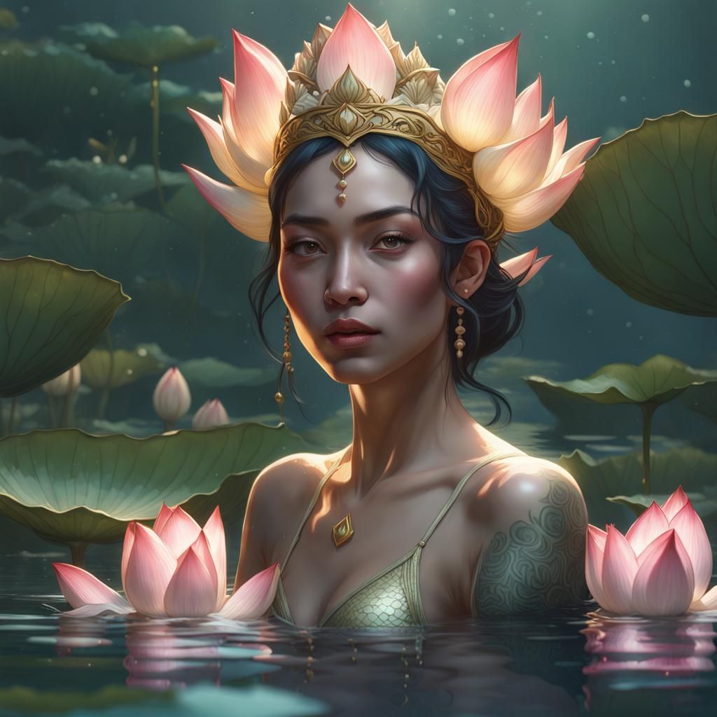 Lotus Mermaid in Pond: Hyperdetailed Digital Portrait