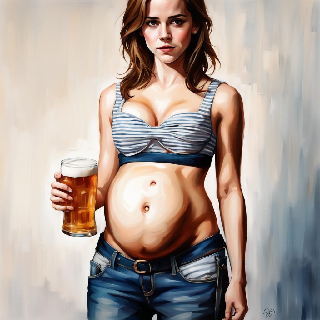 Woman Posing with Distended Belly in Hyperrealistic Style