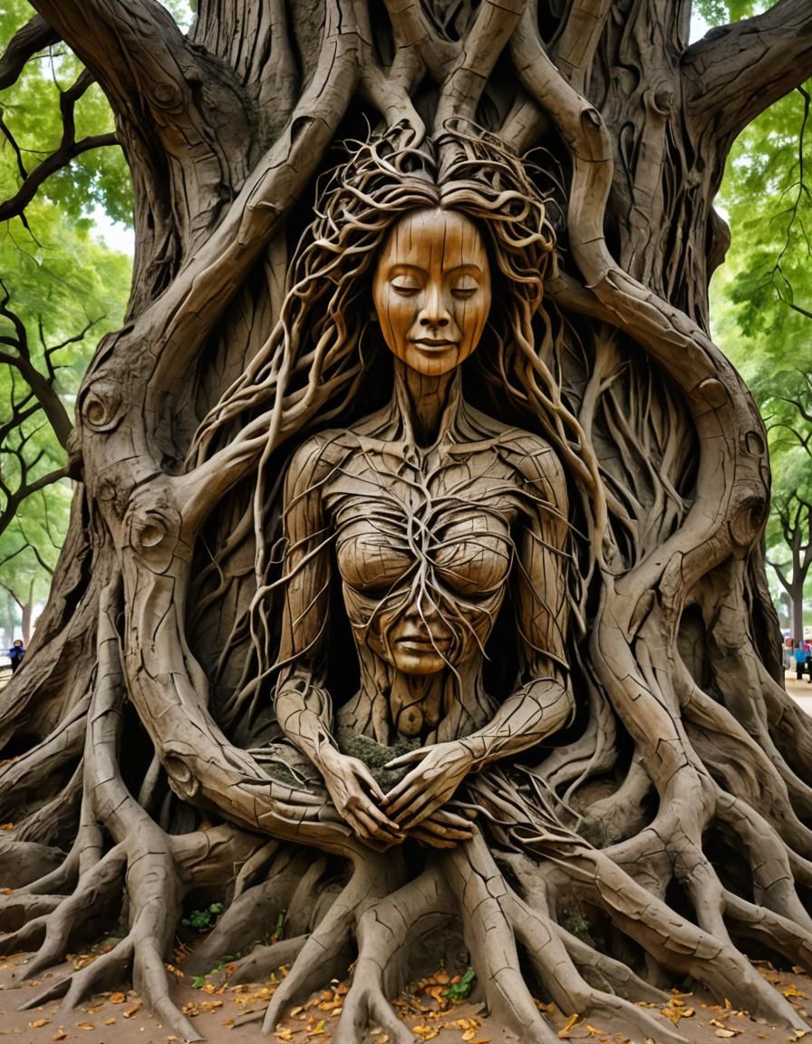 A real masterpiece. Park. In the park there is a figure of a woman made from the roots of a tree. The woman's head is wo...