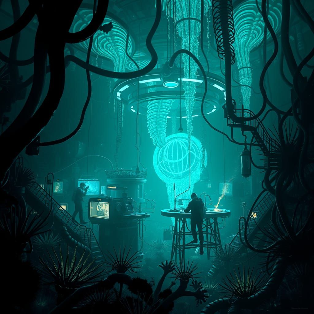 Underwater Research Lab in Eerie Bioluminescent Glow