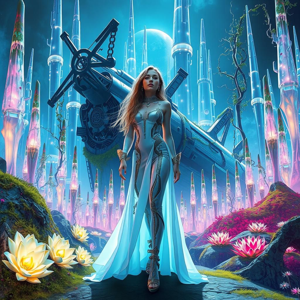 Sci-Fi Woman in Ethereal Forest with Spaceship