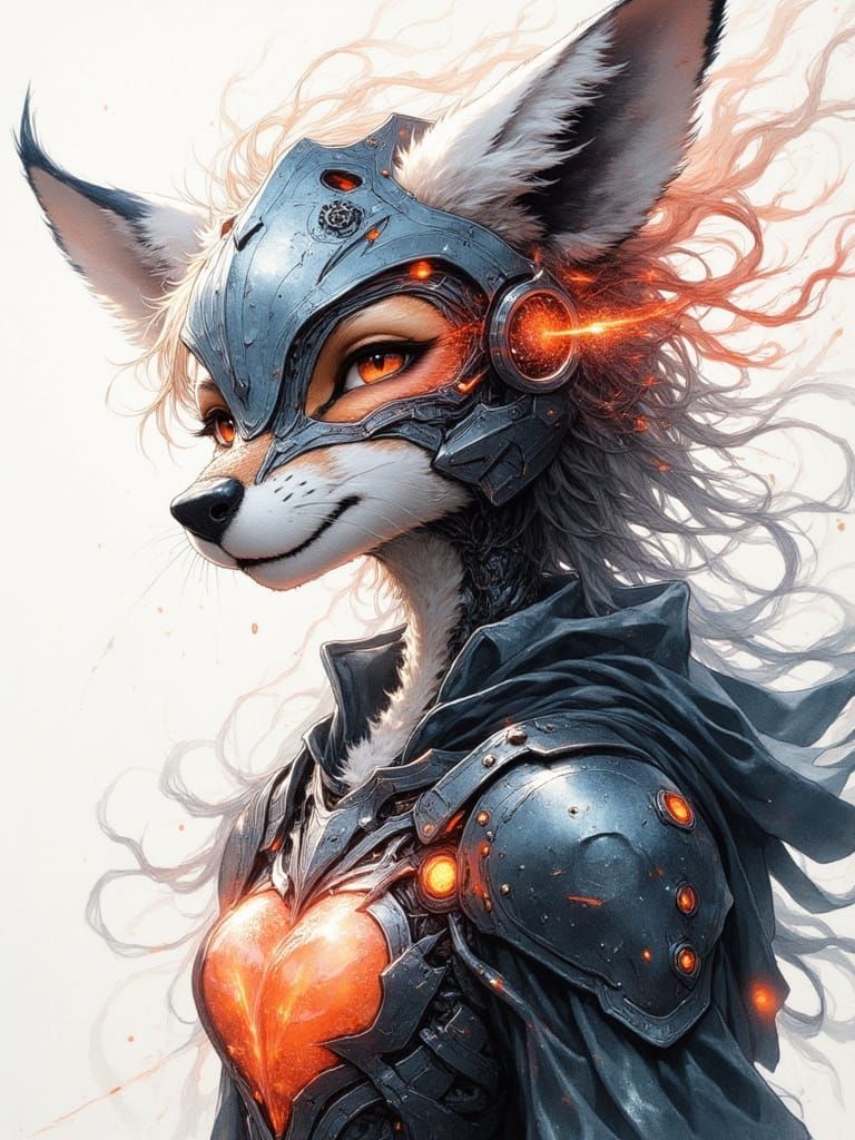 Cyberpunk Fox Knight in Watercolor Style