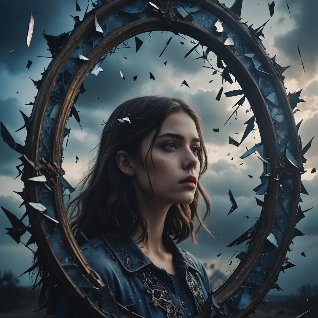 Eerie Surrealism: Girl and Fractured Mirror