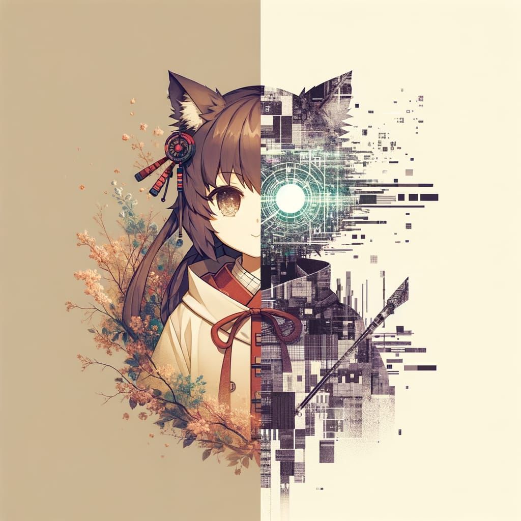 Anime Cat-Girl Meets Glitch Art in Digital Split