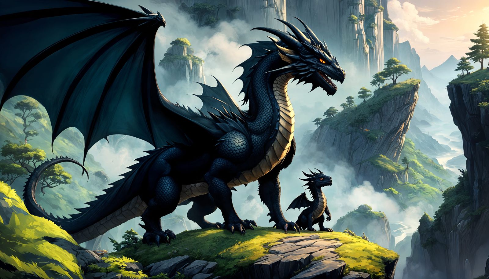 Calm Black Dragon Father and Playful Baby Dragon on Cliff's ...