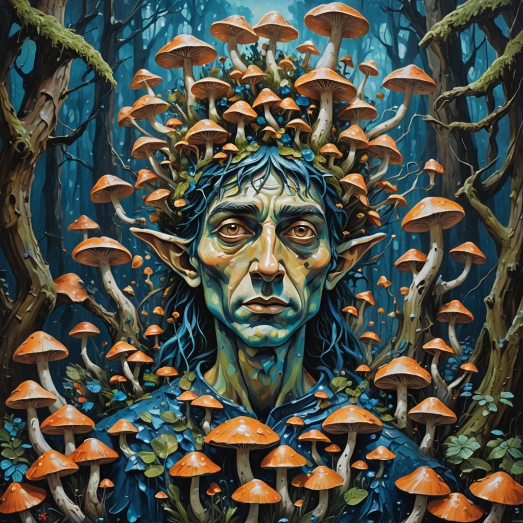 Elf Angel Sculpture with Mushrooms as Impasto Art