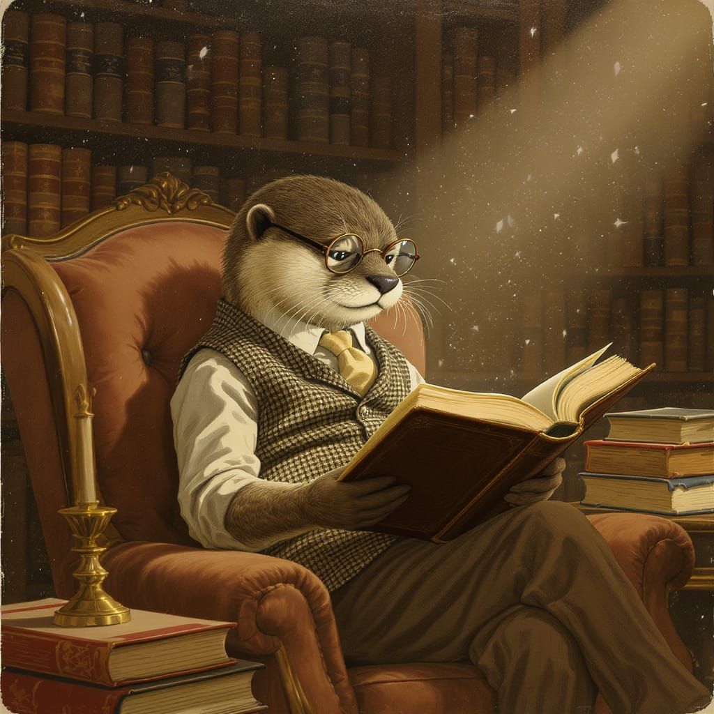 Otter Gentleman Reading in Cozy Study