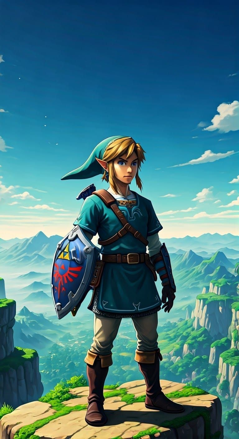 Link Overlooking Hyrule in Digital Art Style