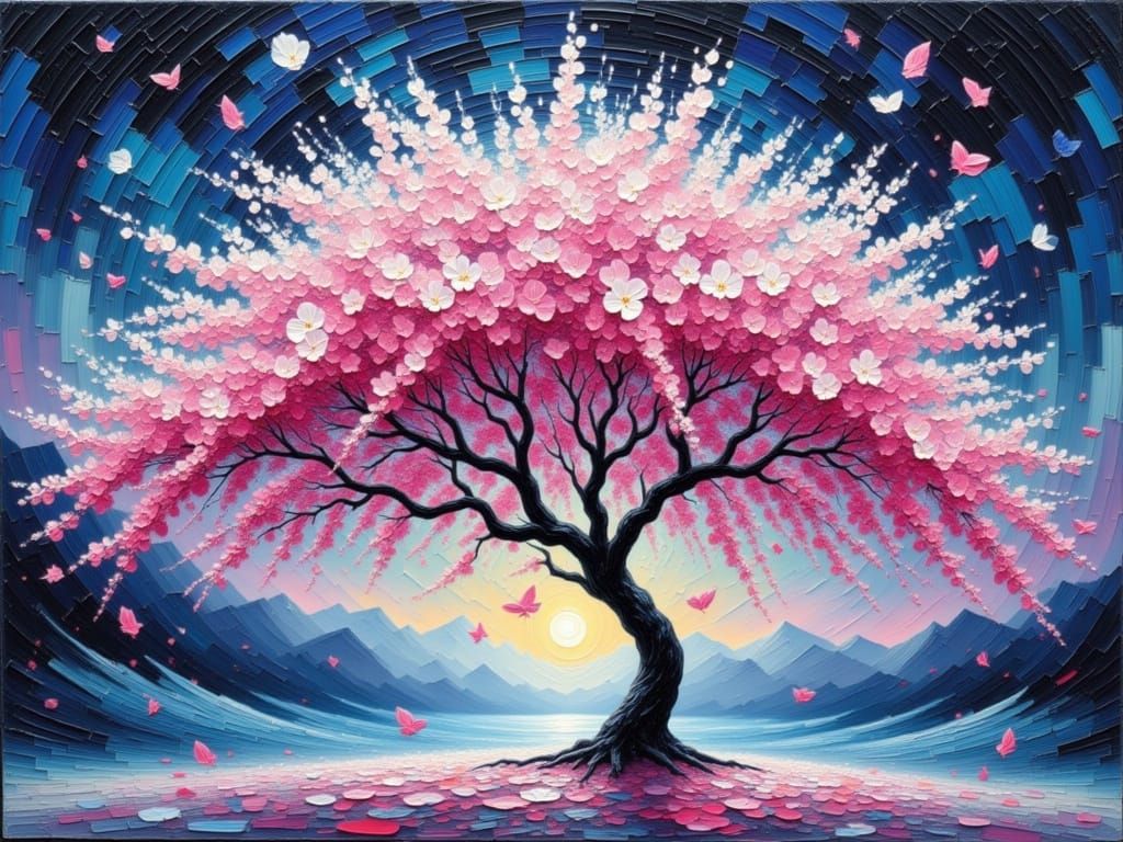 Cherry Blossom Tree with Impasto Petals and Etched Textures