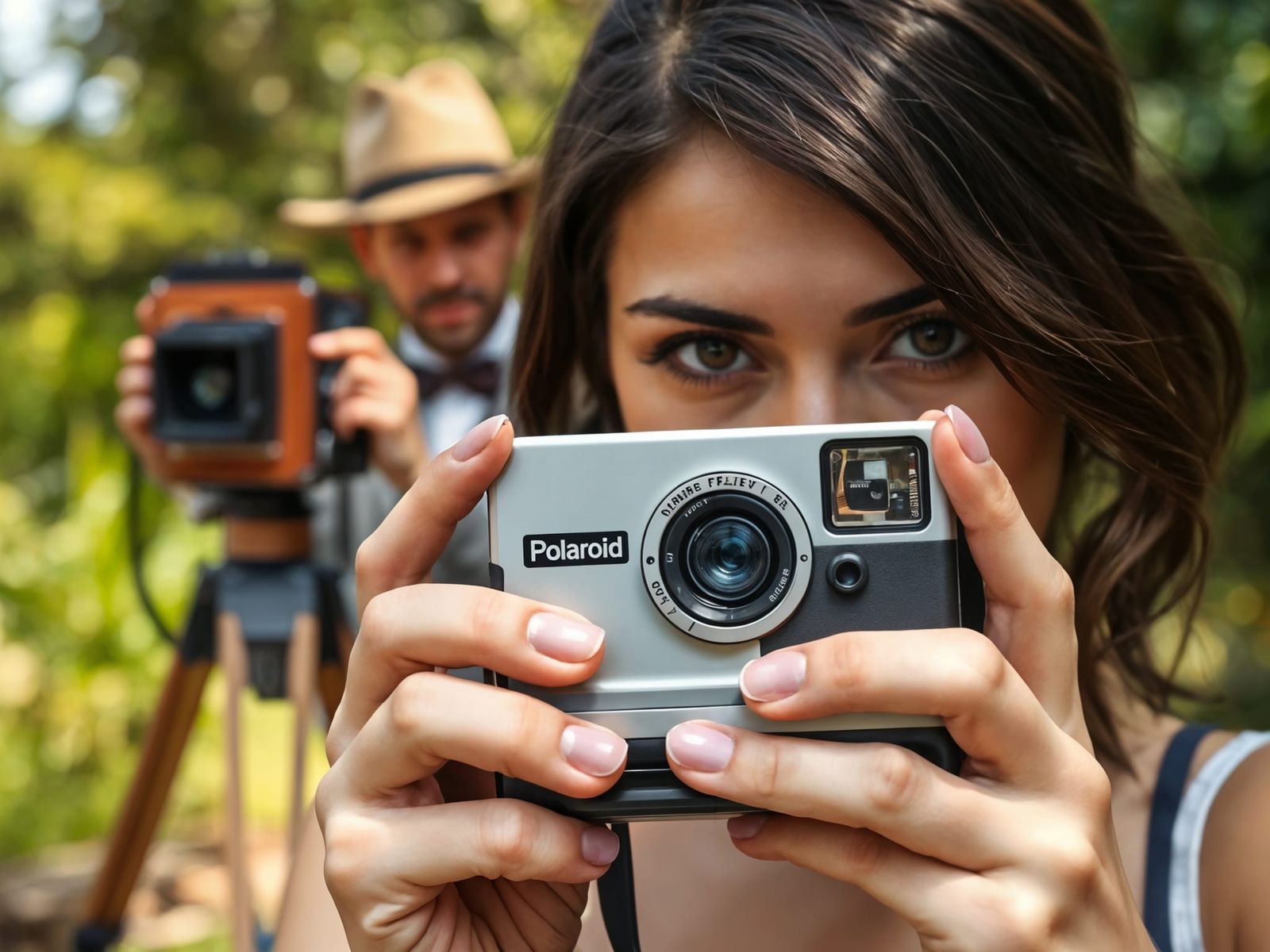 Young Brunette with Polaroid and Vintage Photographer