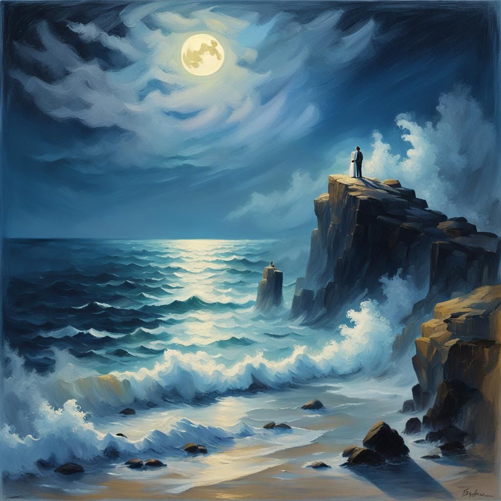 Impressionistic Moonlit Coastline with Figure
