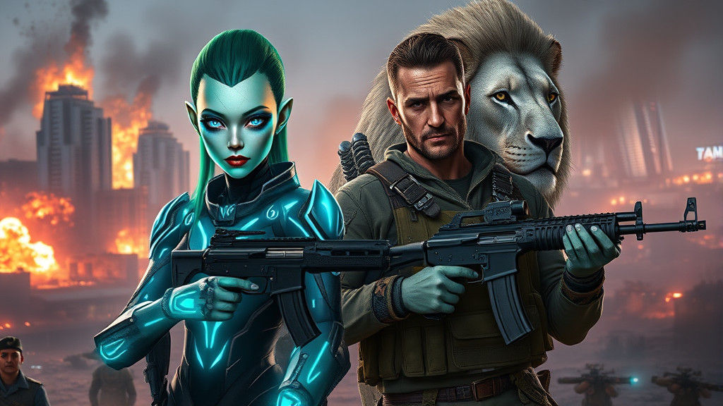 Alien Warrior and Human Ally in War-Torn Cityscape