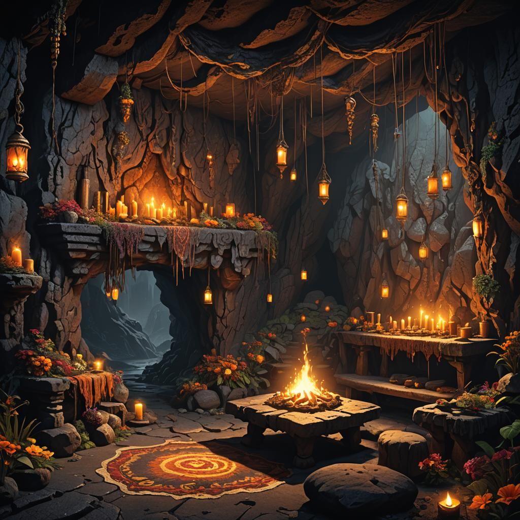 Volcanic Cave Sanctuary with Candlelight, Dark Fantasy Art