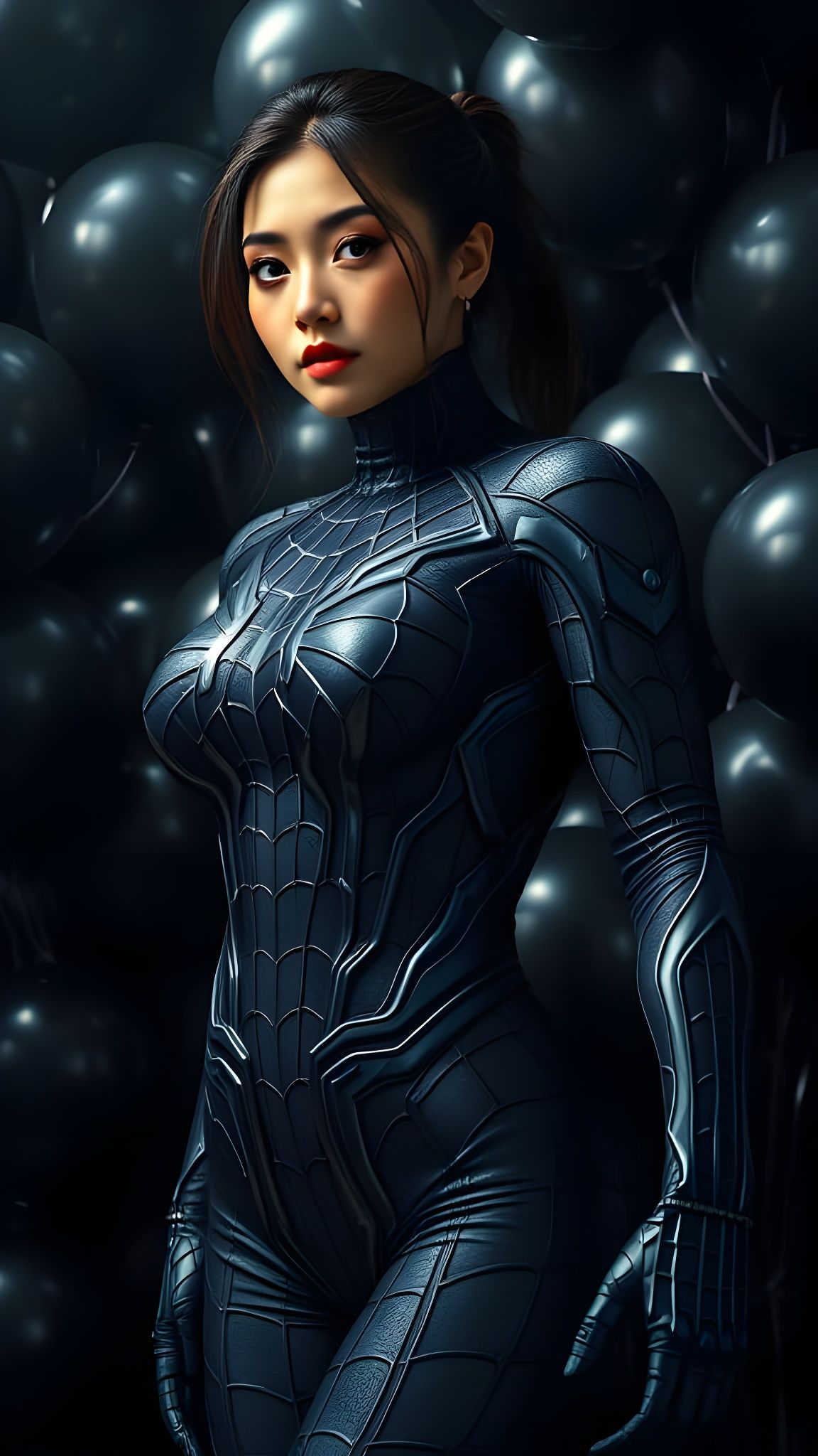 Curvy Korean Woman in Detailed Black Symbiote Spider-Man Sui...