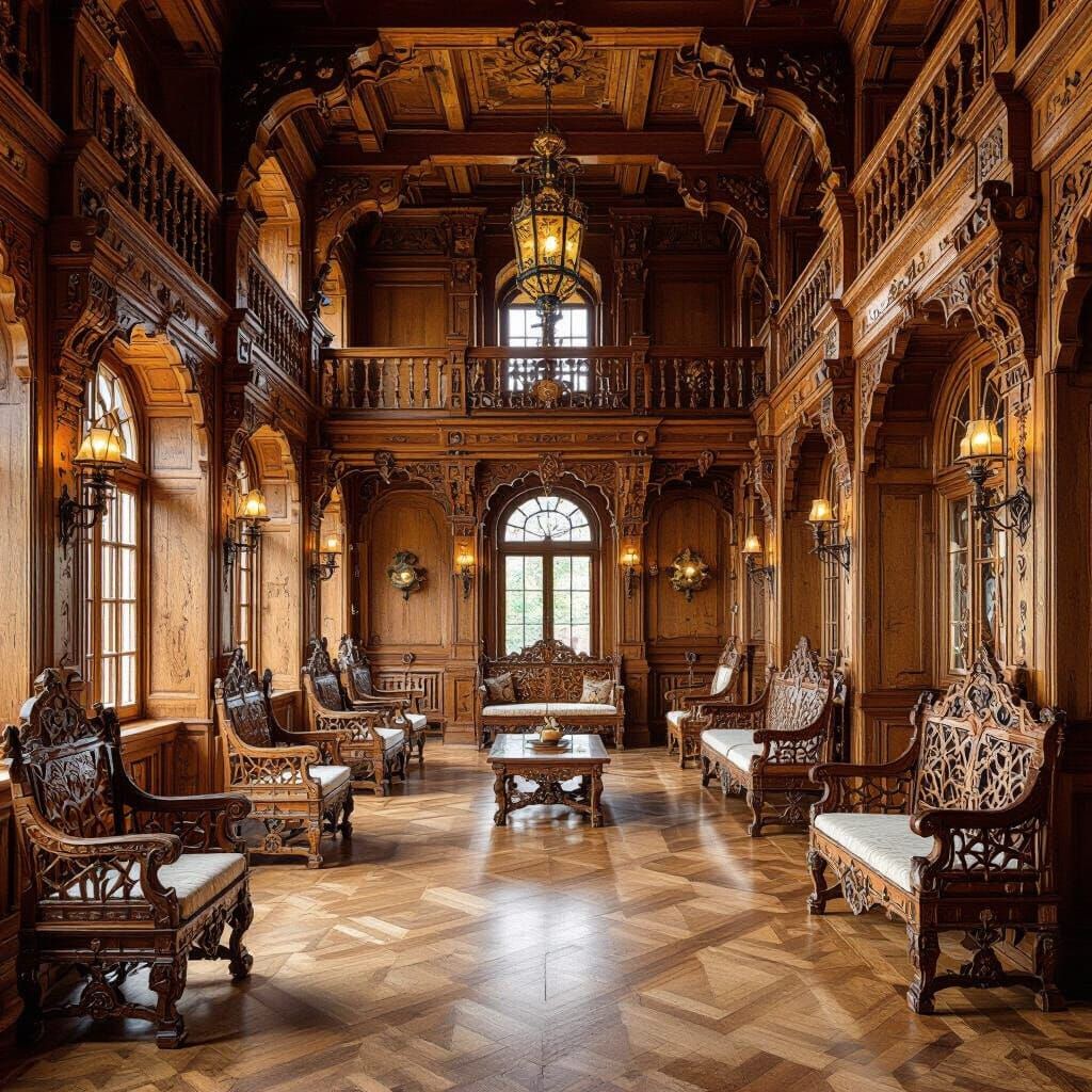 Ornate Wooden Palace Interior in Art Nouveau Style