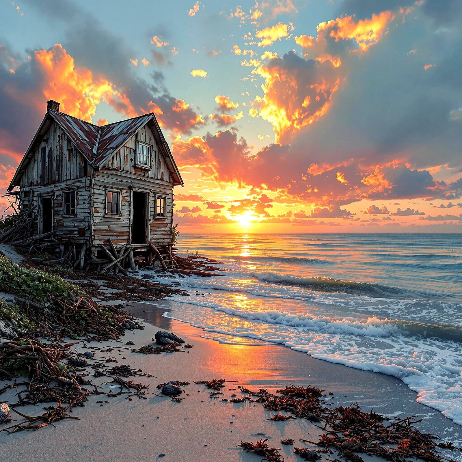 Photorealistic Beach Cottage at Sunset in High Resolution