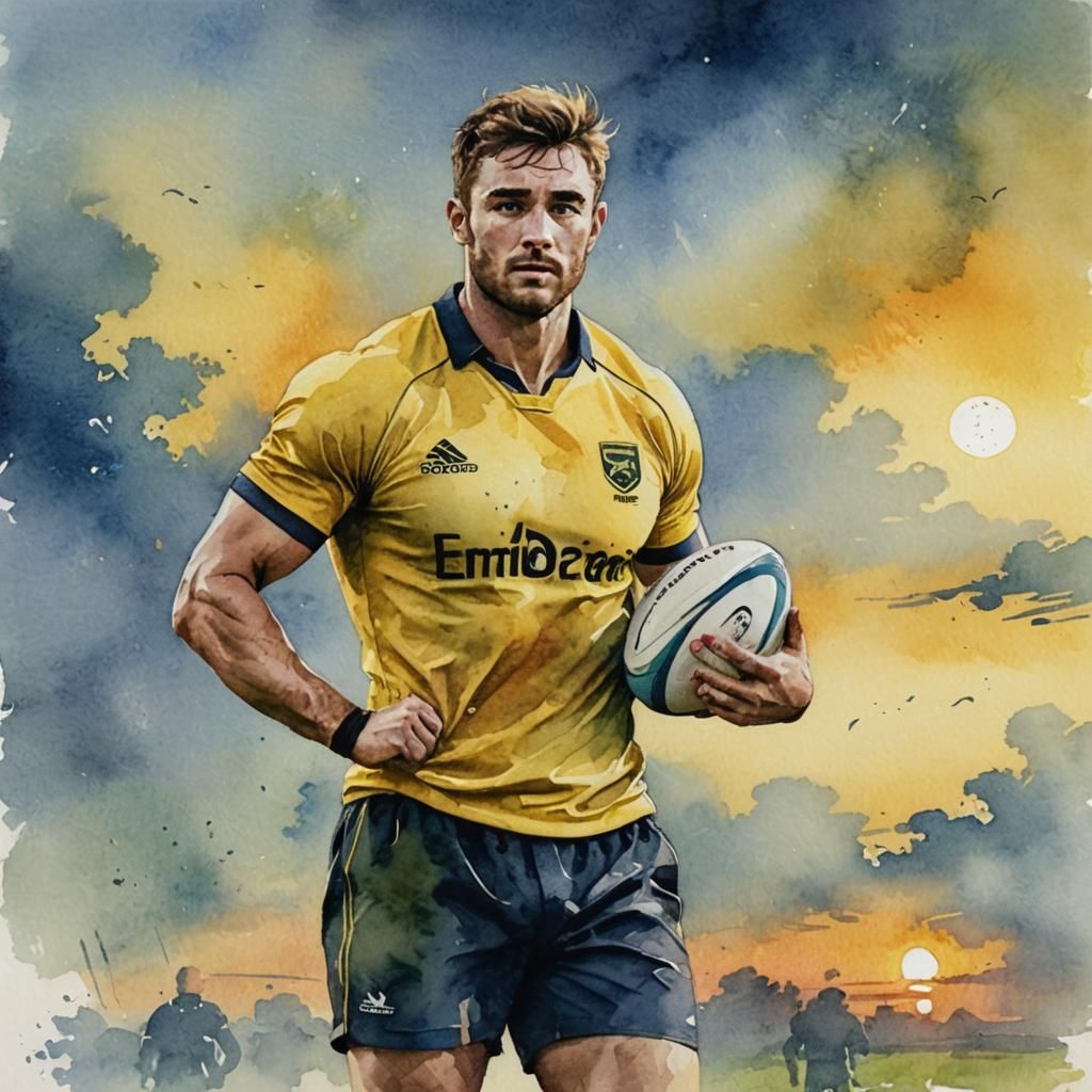 Rugby Player Portrait with Watercolor Sunset Background