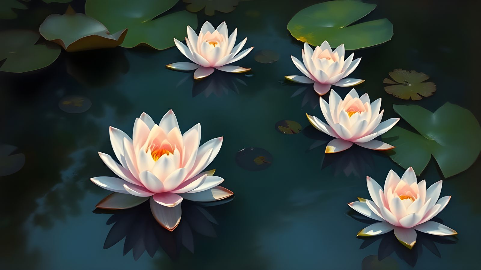 Water Lilies: White and Pink Flowers on Dark Water