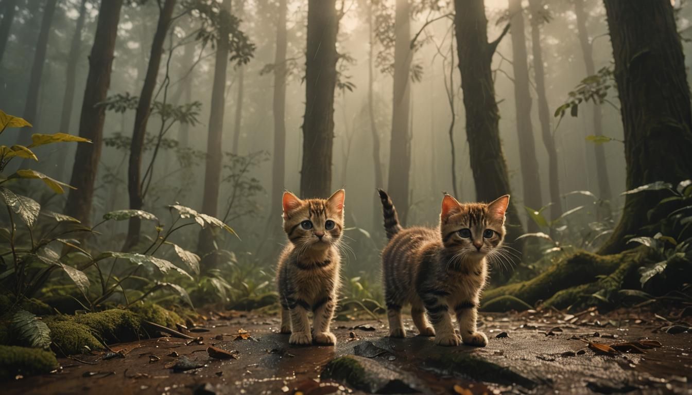 Kitten in Misty Forest: Cinematic Film Still