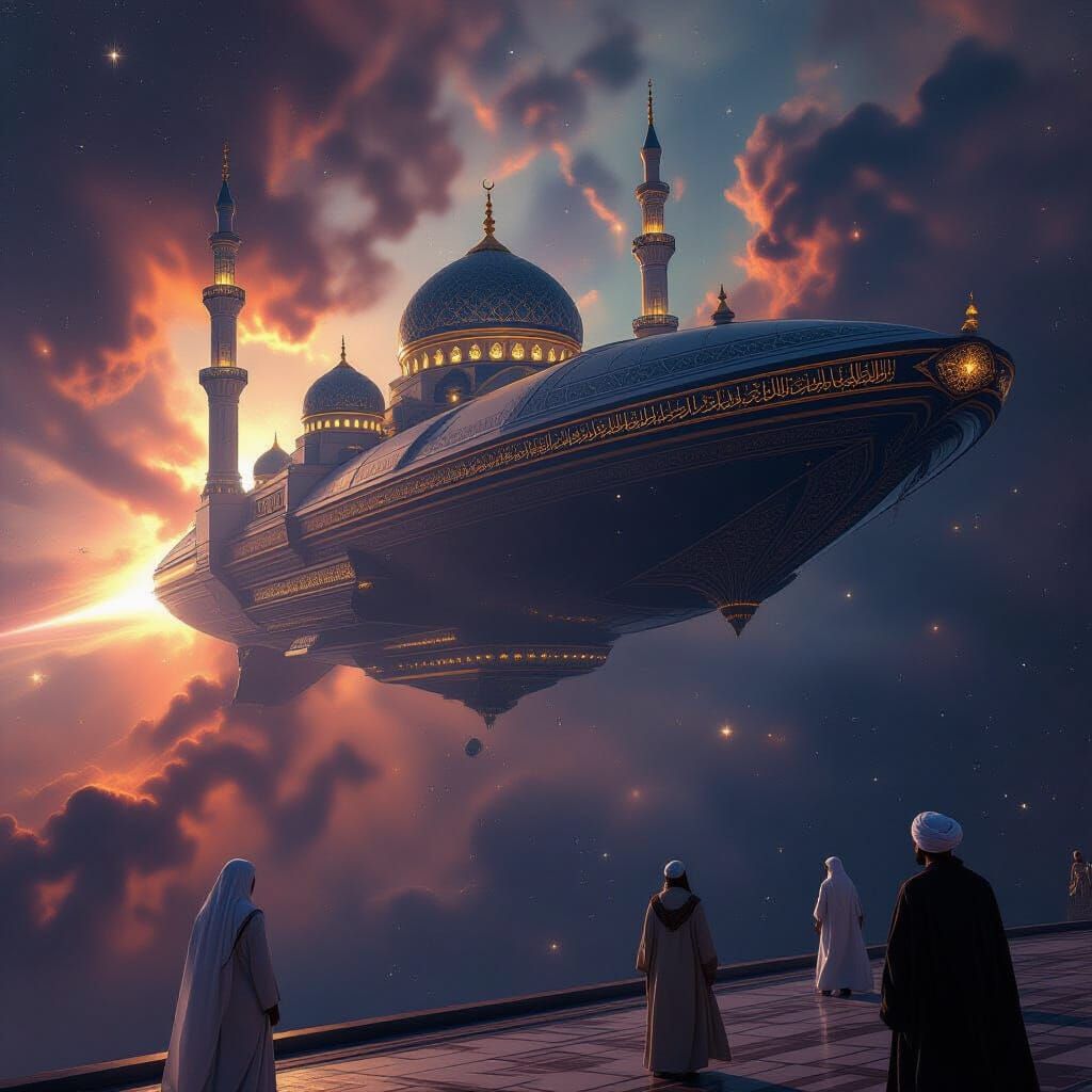Mosque Spaceship Soaring Through Nebula as Baroque Painting