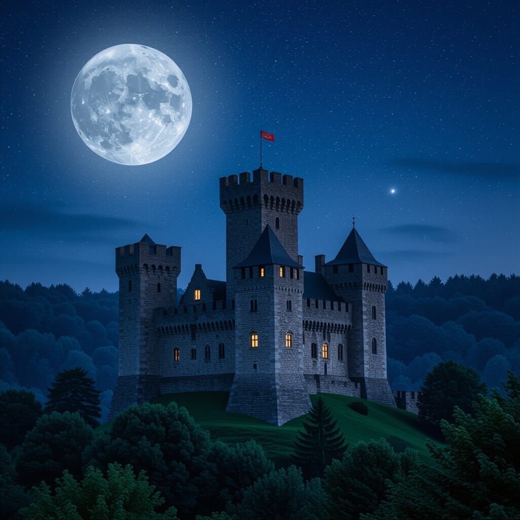 Medieval Stone Castle in Forest Under Moonlight in 2D