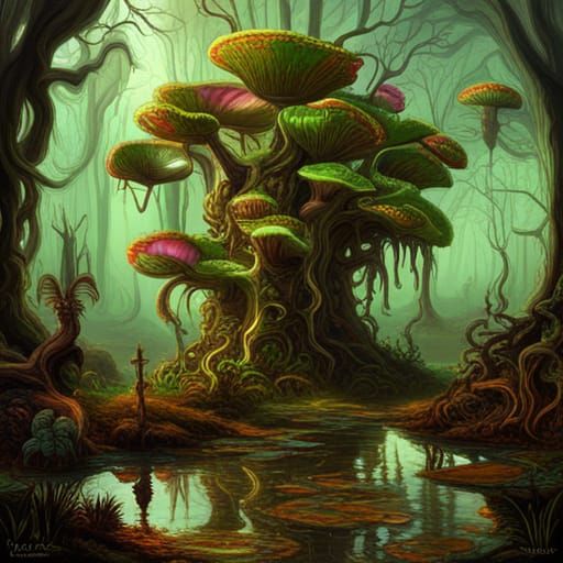 Luminous Swamp: Expressionistic Fantasy Landscape