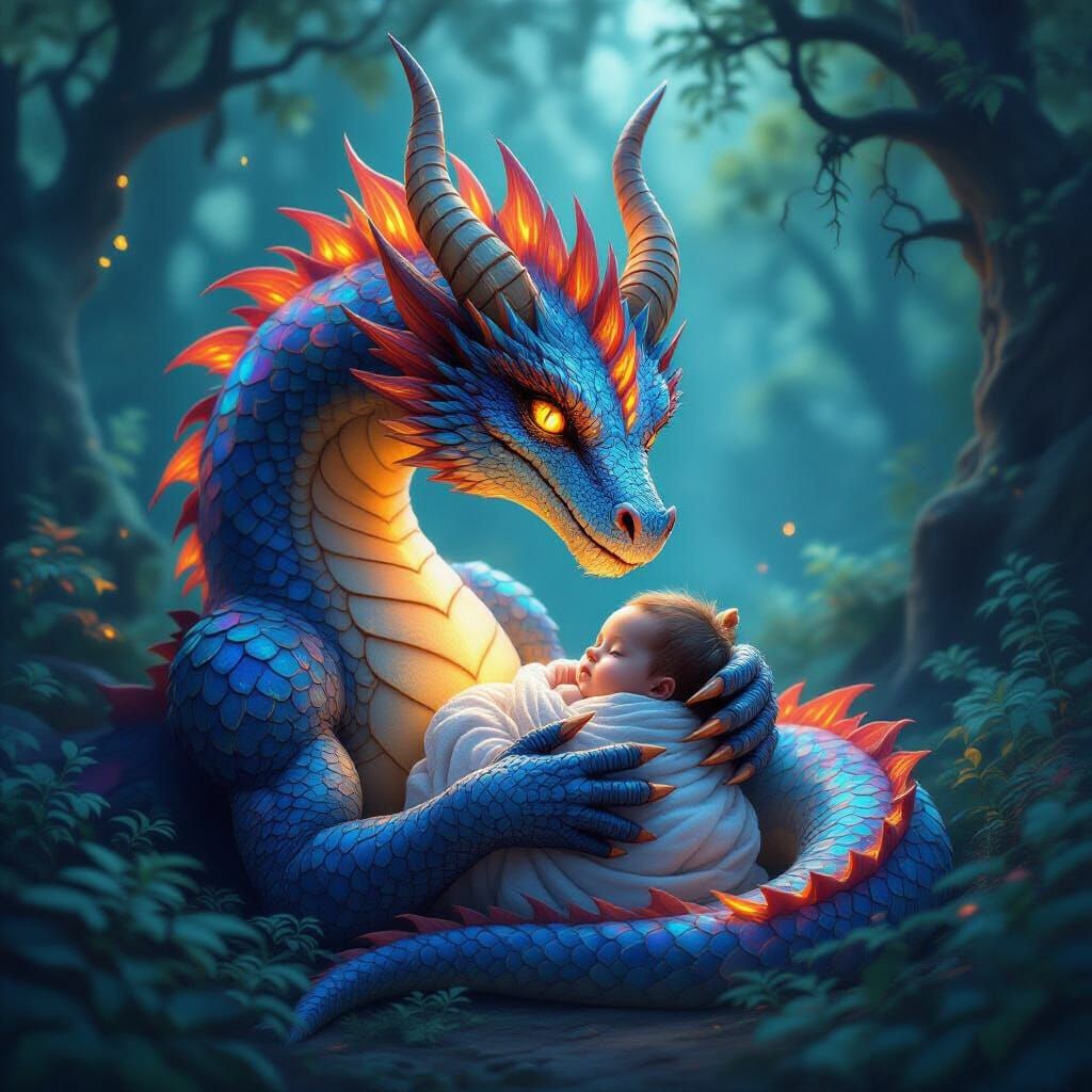 Dragon Cradling Baby in Ethereal Fantasy Art