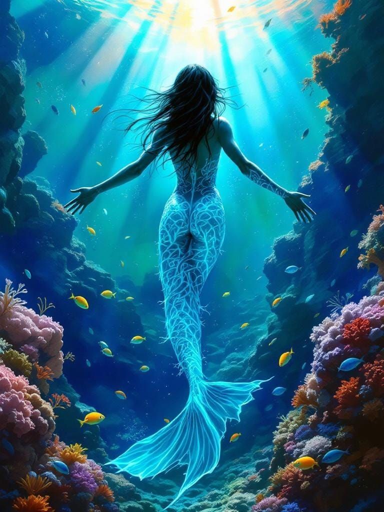 Underwater Mermaid Ascending in Coral Reef
